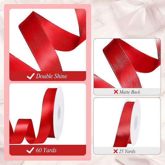 Red Ribbon 1 inch 60 Yards Double Faced Red Satin Christmas Ribbon for Crafts Gift Wrapping Hair Bows Wedding Invitation Party Christmas Decorations