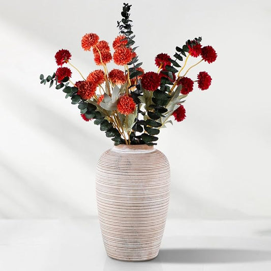 6 Artificial Silk Flowers + 3 Eucalyptus, Artificial Chrysanthemums with Stems for Home Decor,Bumnt Orange and Red Mix