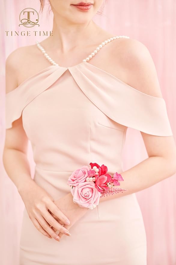 TINGE TIME Set of 2 Peach Pink Wrist Corsage Bracelets Pearl Wristlet Band Bridesmaid Bracelet for Wedding Ceremony Bridal Shower Wedding Artificial Flower Prom Hot Pink