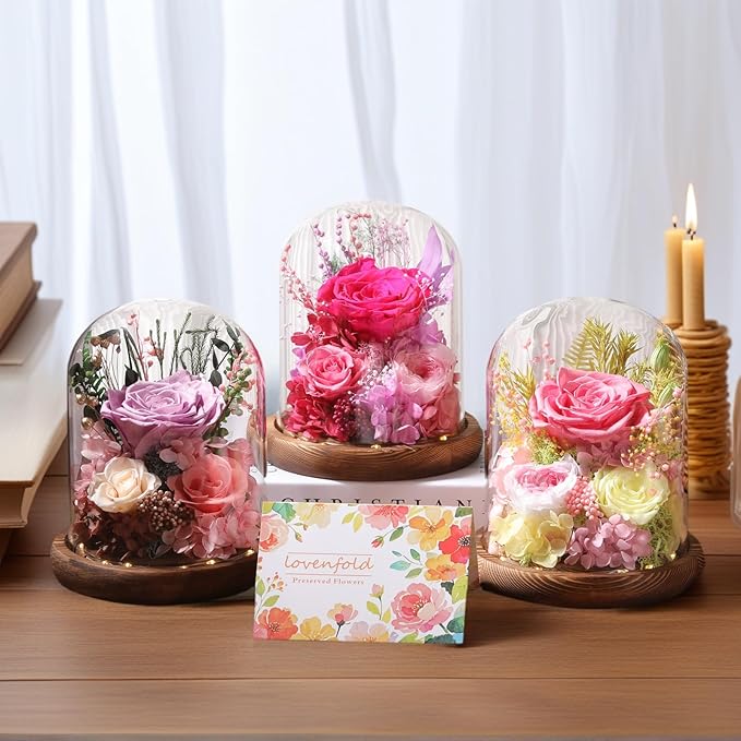 Flowers for Delivery Prime Preserved Flowers Lilac Roses with LED Light in a Glass Dome,Long Lasting Real Roses Birthday Gifts for Women Daughter Mom Wife Friend(Lilac Rose)