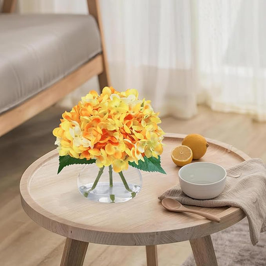 Hydrangea Artificial Flowers in Glass Vase, Orange Silk Fake Flowers Silk Centerpiece Table Decorations for Dining Room, Coffee Table Decor,Wedding, Home with Faux Water Decor(Orange)