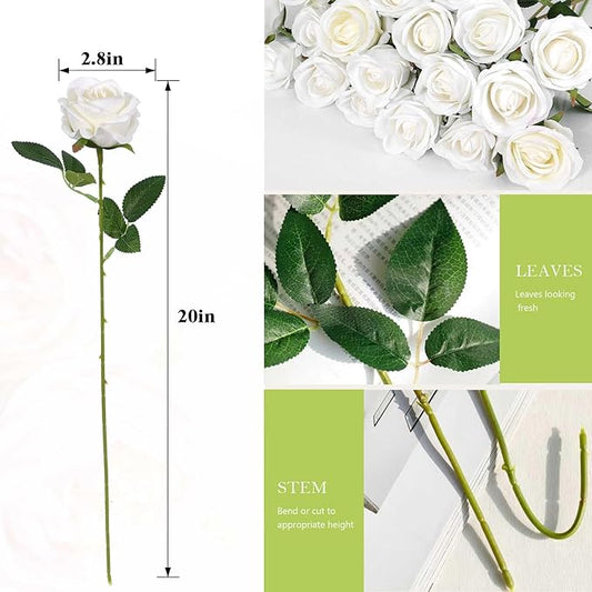 60 Pcs Artificial Roses Bulk Velvet Silk White Roses White Roses for Wedding Centerpieces Bridal Bouquet Mohter's Day Valentine's Day Home Decor (60, White)