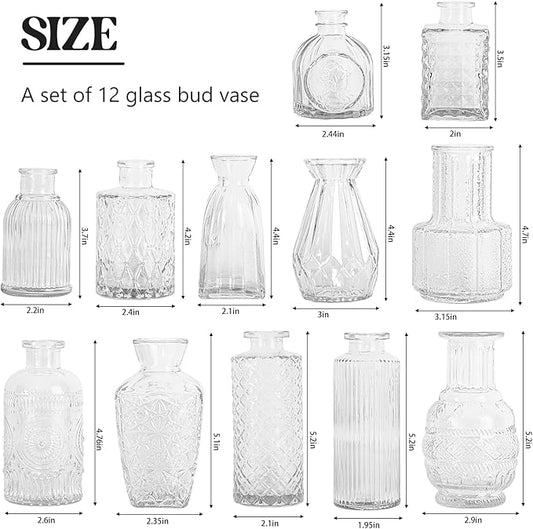 Set of 12 Glass Bud Vase Set, Small Vintage Clear Flower Vase Centerpieces for Table Bulk Cute Rustic Style Mini Vase for Home Decor Wedding Baby Shower Birthday Party