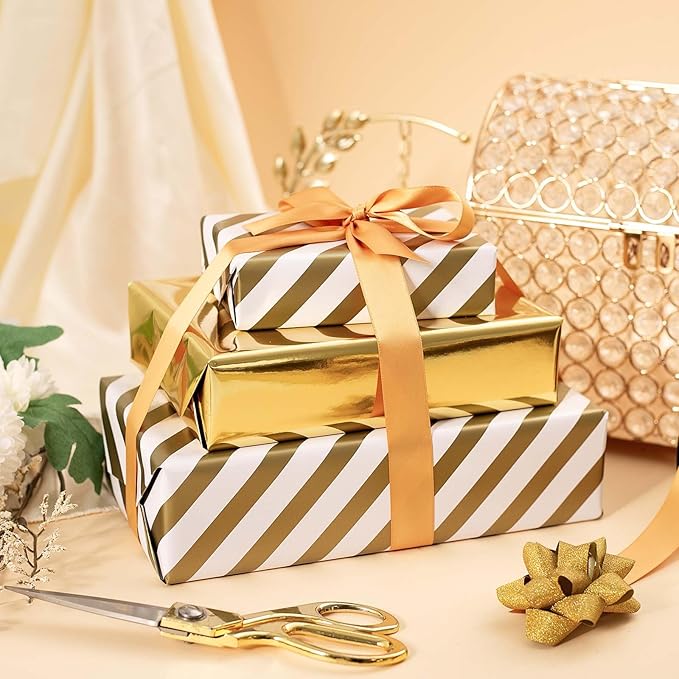 Merture Reversible Gold Wrapping Paper Roll - 17 In X 32.8 Ft(46.5 sq.ft.) Metallic Gold and Stripe Design Gift Wrap for Christmas, Wedding, Birthday, Valentines Day, Mothers Day, Baby Shower