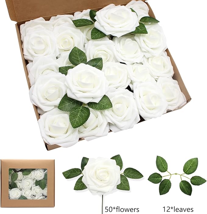 Artificial Roses Flowers 50pcs Real Looking Foam Fake Roses with Stems for DIY Wedding Bouquets Bridal Shower Centerpieces Party Decorations (50, White)