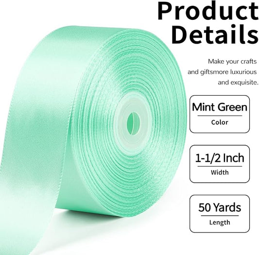 1-1/2 Inch Wide Mint Green Satin Ribbon, 50 Yards Solid Polyester Fabric Ribbon for Roses Making, Gift Wrapping, Christmas, Wedding Decorations, Crafts, Bows, Flower Bouquets