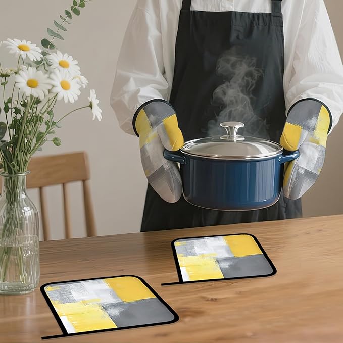 Yellow Gray Modern Art Oven Mitts and Pot Holders,Heat Resistant Oven Mitts Gloves and Pot Holder for Home Kitchen Decorations Cooking Baking BBQ Gifts,Set of 4