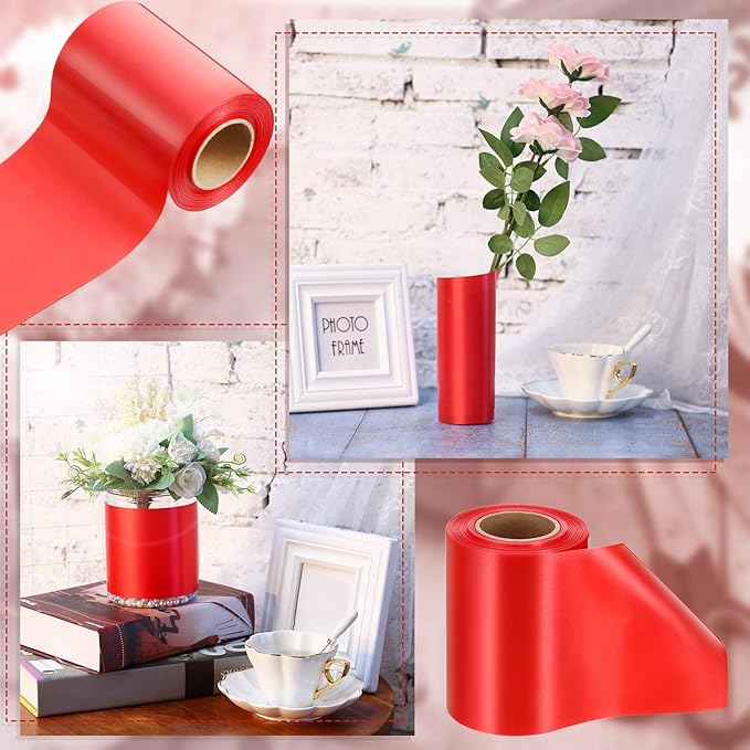 Syhood Outdoor Leaf Ribbon Floral Satin Ribbon for Crafts Aspidistra Waterproof Holiday Outdoor Decoration(4 Inch X 30 Yards,Red)
