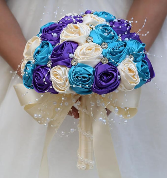 Bridal Wedding Bouquet Round Bling Brooch Bouquet Throw Toss Artificial Rose Flower Bunch for Bride Bridesmaid Wedding Quinceanera(Teal Blue, Purple & Cream, 9.8")