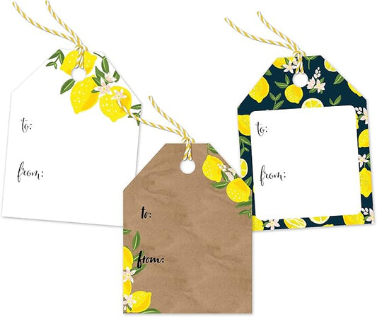 Pro Supply Global 24 Count of 2.5 Inch x 3 Inch Pre Strung Lemons Gift Tag Assorted Printed Designs on Large Cardstock Gift Hang Tags - Ideal to Use on Bags
