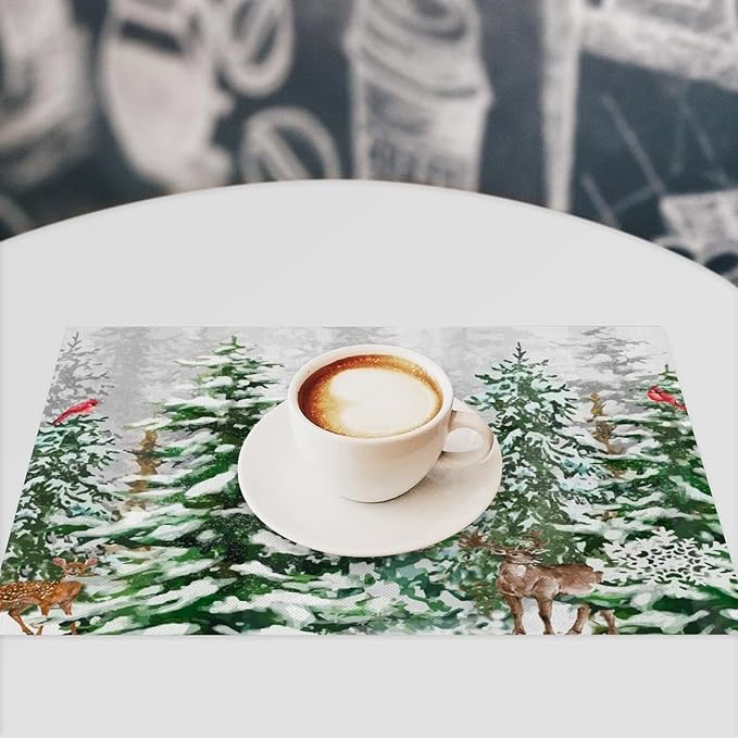 Winter Snowy Forest Placemats Christmas Pine Tree Snowflake Holiday Bath Rustic Christmas Tree Placemats Table Kitchen Dining Party 12x18 Inch Set of 4