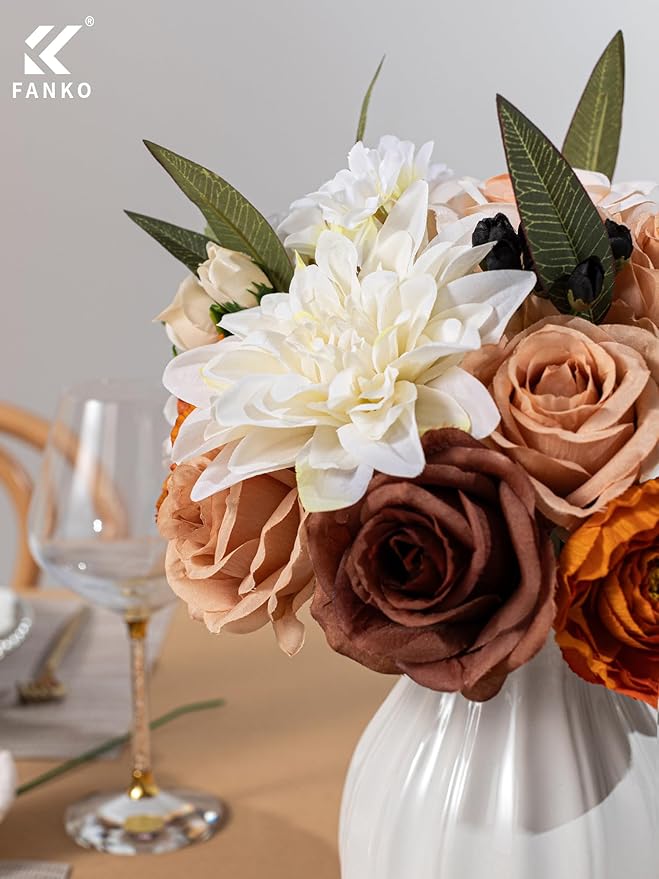 FANKO Artificial Flowers Brown Rose, Mixed Fake Silk Flowers Combo Cream White Rose White Dahlia Orange Ranunculus Vintage Style for DIY Wedding Bridal Bouquets, Home Decor