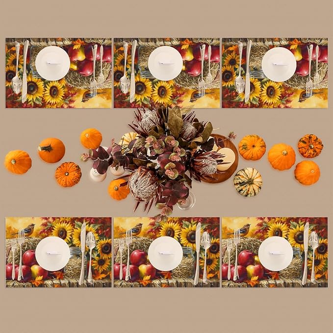 Autumn Apple Flower Sunflower Placemats Set of 1 PVC Vinyl Non Slip Table Mats Heat Resistant Place Mats Washable Wipeable Dining Table Mat for Kitchen Decor Party Indoor Outdoor Decorative Gift