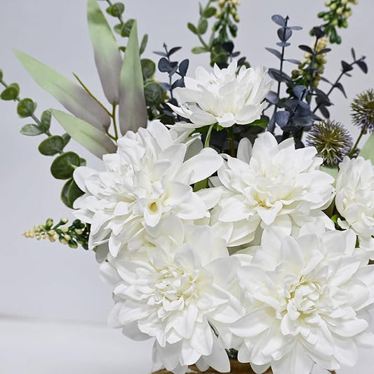LADADA Vase Fake Flowers, Artificial Silk White Dahlias Arranged in Vases, EucalyptusTrees, Pampas Grass, and Hemp Rope for Farmhouses 14.5'' Floral Arrangements for Dining Table Centerpiece Decor