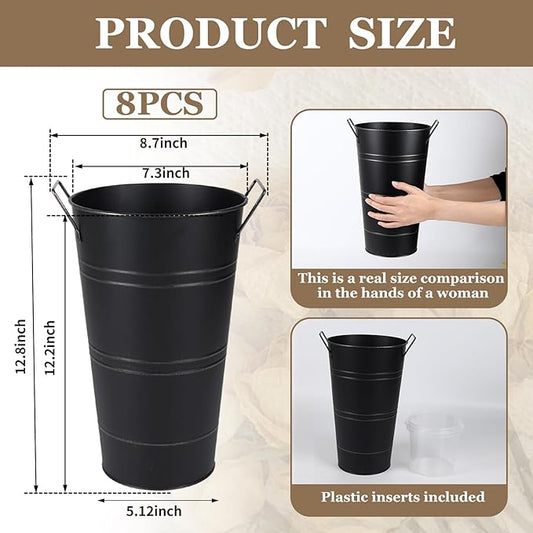 Set of 8 12.8inch Black Rustic Vase, Galvanized Buckets for Party, Metal Flower Vase, Flower Holder, Bloom Bar Supplies, Floral Buckets (Black, 12.8inch Height, 8pcs)