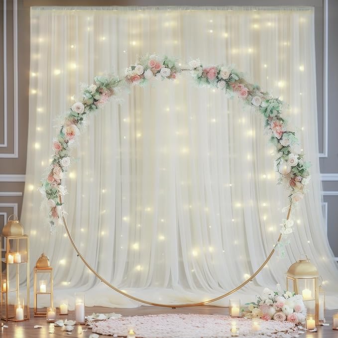 10x10ft Ivory Tulle Backdrop Curtain with Lights String for Parites, Sheer Backdrop Curtains for Wedding Baby Shower Birthday Party Photo Shoot Decorations