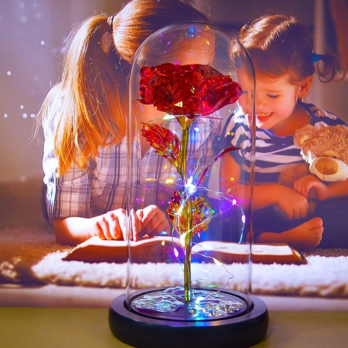 QUELIEN Christmas Rose Flower Gifts for Mom,Artificial Flower Lasts in A Glass Dome, Unique Gifts is for Mothers Day,Christmas,Anniversary(Red)