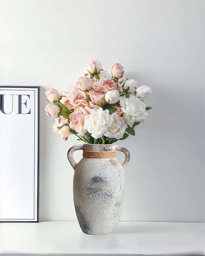 Ceramic Flower Vase with 2 Handles,9.8 inch Large Farmhouse Rustic Terracotta Vases for Decor,Gray