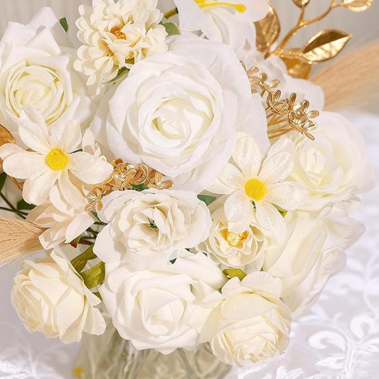 SwanMoon Artificial Flowers Combo Box Set, 33pcs Silk Roses & White Peony with Stems for DIY Wedding Bouquets, Baby Shower, Party Centerpieces & Home Decor