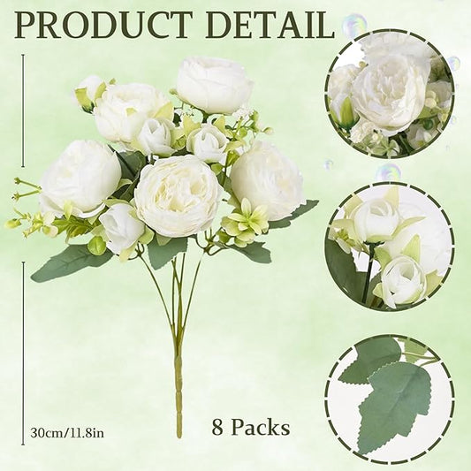 ASTRYAS 8 Packs Peonies Artificial Flowers, White Artificial Peonies, Silk Peonies Flowers Fake Peonies Artificial Flowers Peonies Bouquet for Centerpiece Table Wedding Party Home Decor