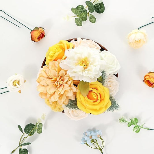 Artificial Flowers Combo Box Set Artificial Bouquets Wedding Flowers Faux Orange Flowers Roses with Stems for Wedding Centerpieces Party Home Decor