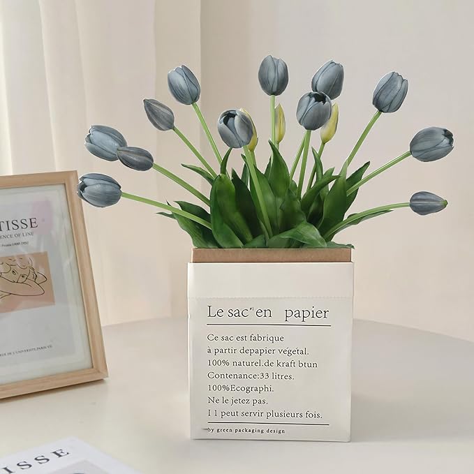 15pcs Fall Blue Tulips Artificial Flowers Real Touch Latex Fake Tulips Flower Soft Faux Tulip Bouquets Arrangements for Party Wedding Home Garden Outdoors Decor