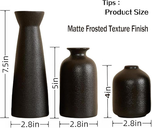 Black Ceramic Vase Set of 3,Small Boho Vase for for Decor,Matte Frosted Texture Finish,Modern Rustic Farmhouse Home Decor,Decorative vase for Pampas Grass&Dried Flowers,Shelf,Table,Mantel,Entryway