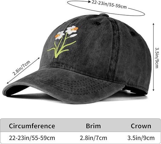 Cute Flower Hat, Elegant Floral Embroidered Adjustable Baseball Cap for Men Women, Gifts for Flower Lovers, Black