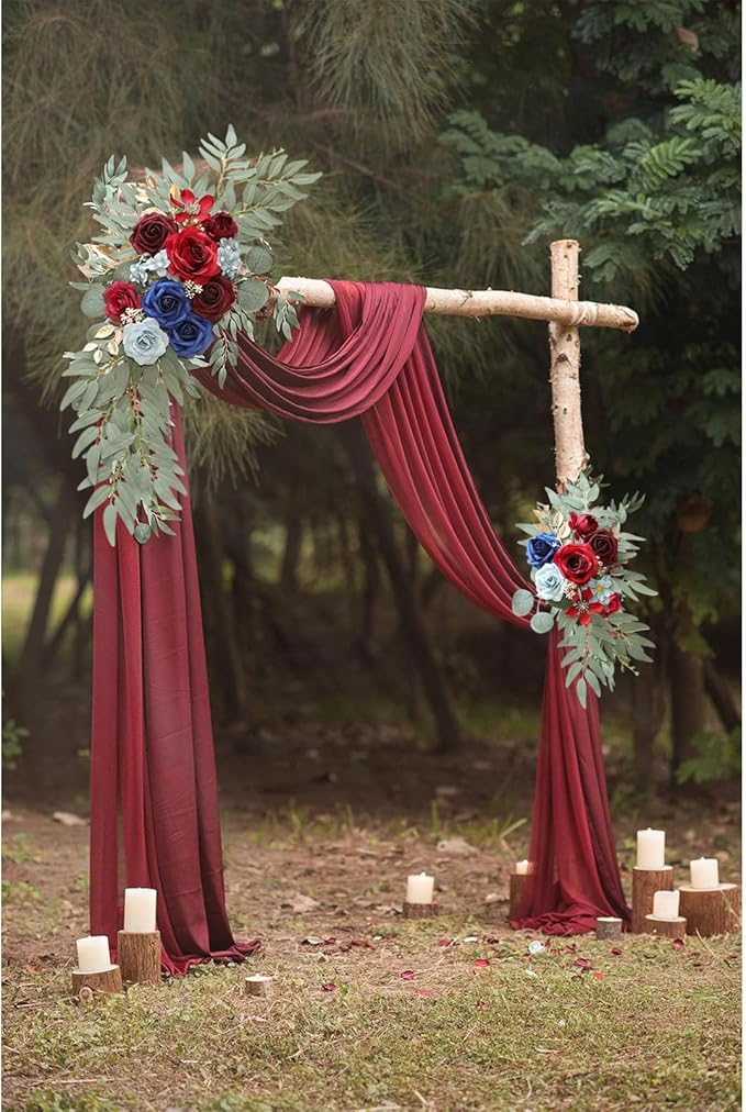 Burgundy Blue Wedding Arch Flowers, Faux Flower Swag Set of 2, Burgundy Floral Swag for Wedding Arch Welcome Signs, Reception Ceremony Signs Decor