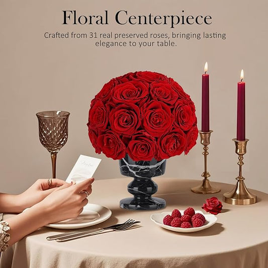 Forever Flowers Preserved Red Roses in Marble Vase, Flower for Delivery, Eternal Roses Gift for Women, Table Centerpiece Flowers for Home Decor Party Living Room Bedroom