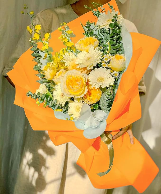 WRAPAHOLIC 20 Sheets Flower Wrapping Paper - 22.4 x 22.4 inch Pure Orange Color Water-Resistant Floral Bouquet Wrapping Paper, Florist Supplies Packaging for Wedding Birthday Gift DIY