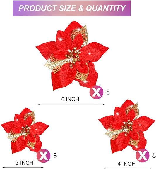 Boao 24 Pieces Christmas Artificial Glitter Poinsettia Flowers Xmas Flowers Wedding Christmas Tree New Year Ornaments(Red)