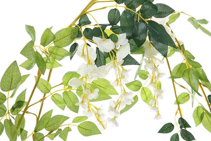 2Pcs 6.6Ft Artificial Flowers Vines Silk Wisteria Artificial Garlands Fake Hanging Green Leaf Flower Ivy Vines for Home Garden Wedding Arch Decor, White