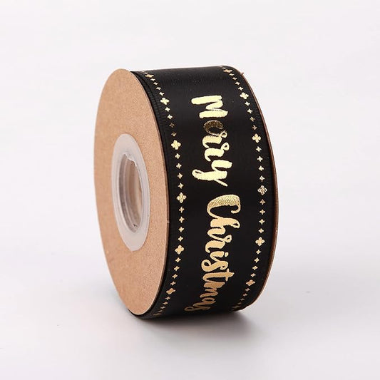 Merry Christmas Ribbon 10 Yards 1Inch Wide Black Satin Ribbons with Gold Printed Gift Ribbon for Craft Packing, Gift Wrapping, DIY Craft, Christmas Party Supplies