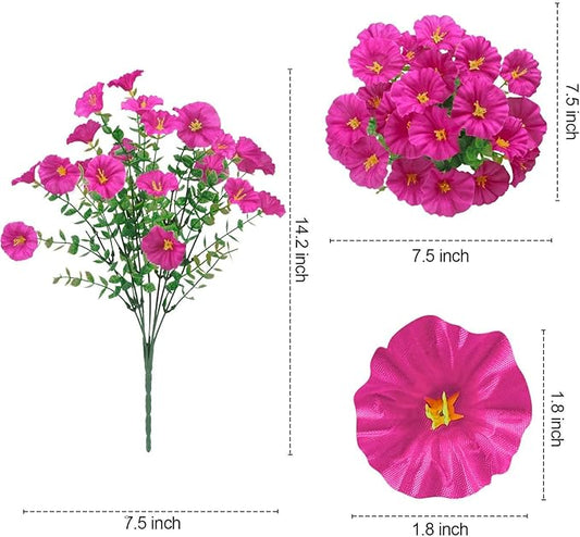 Ouddy Decor 24 Bundles Artificial Flowers for Outdoors Decoration Fake Silk Morning Glory Flowers Faux Eucalyptus Plants UV Resistant for Porch Patio Garden Spring Summer Home Decor, Fuchsia