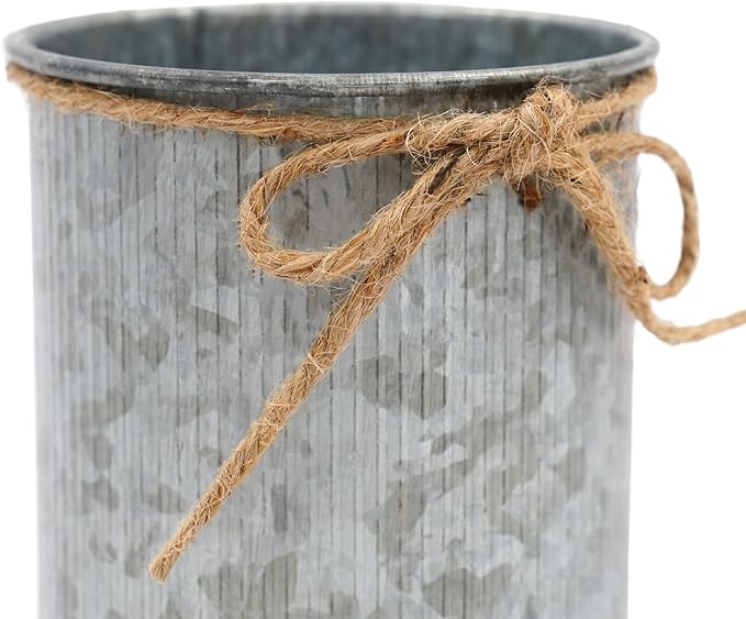 6inch High Farmhouse Vase Decor,Vintage Flower Vase with Twine Bow Rustic Metal Buckets for Artificial Flowers for Table Centerpiece Weddings