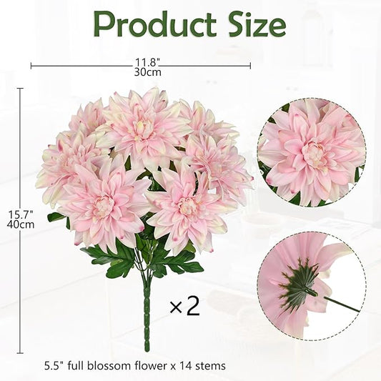 Hollyone 2Pcs Pink Artificial Dahlia Flowers Bush 7 Heads Silk Fake Dahlias Flowers with Stems Wedding Bouquets Faux Dahlia Flowers Arrangements for Outdoor Indoor DIY Table Centerpieces Home Decor