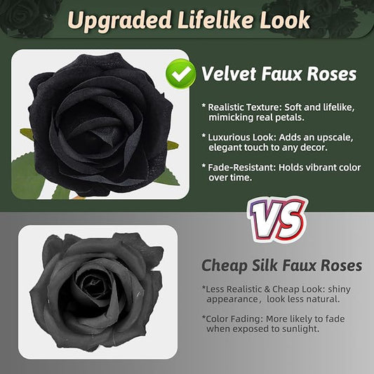 Black Roses Artificial Flowers 10 Pack in Bulk, Black Fake Roses Flowers Realistic Roses for Halloween Gothic Wedding Home Party Decoration Event Gift
