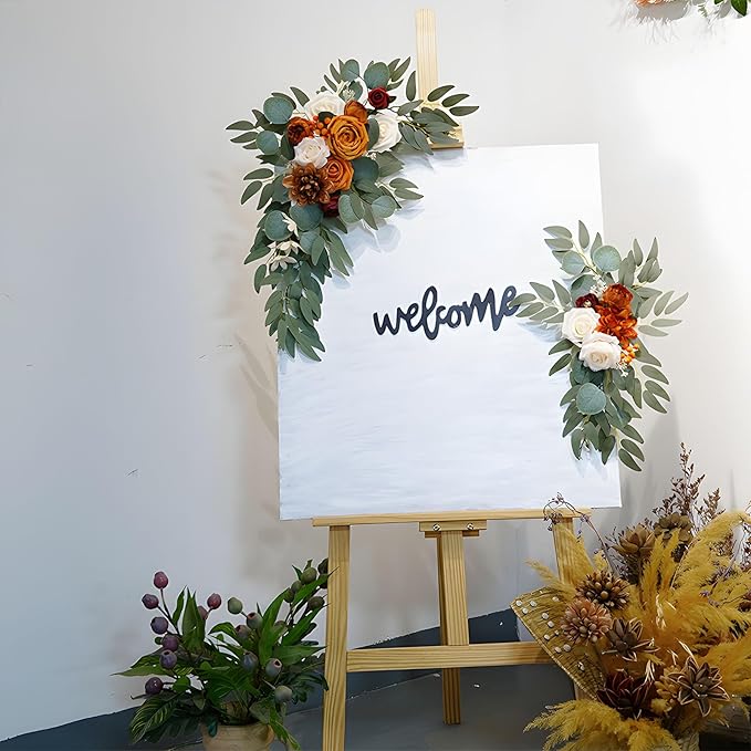 Orange Wedding Arch Flowers, Faux Flower Swag Set of 2, Orange White Floral Swag for Wedding Arch Welcome Signs, Reception Ceremony Signs Decor