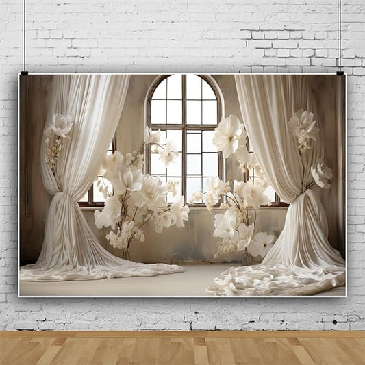 15x10ft Wedding Party Decorations Banner Backdrop Wedding Reception Photography Backdrop White Floral Flowers Curtains French Frame Photo Backgrounds Baby Shower Photo Shoot Portraits Props