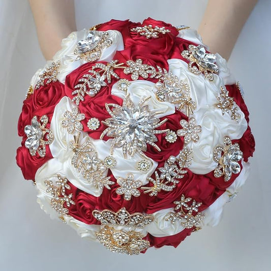 Handmade Satin Rose Floral Bling Pearl Decor Bridal Wedding Bouquet Rhinestone Pendant Artificial Brooch Flowers for Bride Bridesmaid Quinceanera
