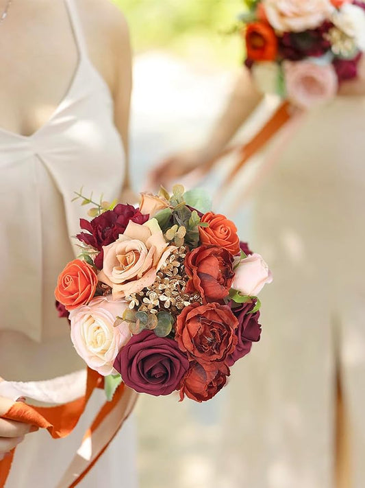 Rinlong 1Pc Fall Wedding Bouquets for Bridesmaids Bride Burnt Orange Terracotta Bridesmaid Bridal Bouquet for Wedding Prom