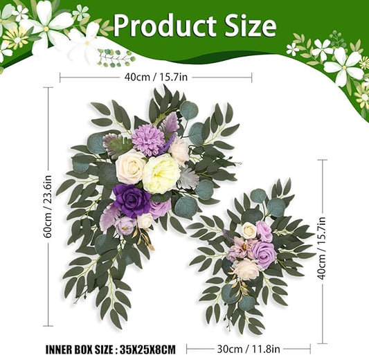 Purple White Wedding Arch Flowers, Faux Flower Swag Set of 2, Purple Floral Swag for Wedding Arch Welcome Signs, Reception Ceremony Signs Decor