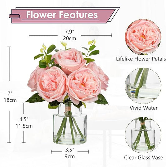 Hollyone Real Touch Peonies Artificial Flowers Arrangements in Vase Pink Fake Peonies with Glass Vase Silk David Austin Roses Faux Flowers with Faux Water Bouquet Table Floral Centerpiece Home Decor