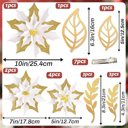 15PCS Poinsettia Flowers Artificial Christmas Decorations White Gold Poinsettia Large Flowers for Wall Christmas Tree Ornaments Glitter Poinsettias Flower Wreath Garland Window Door Xmas Tree Decor