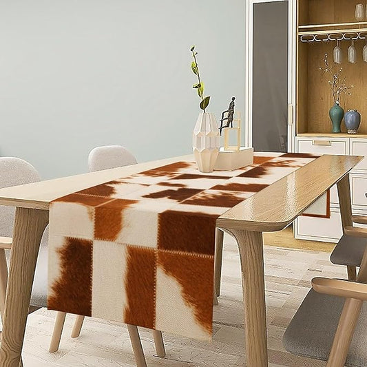 Cow Skin Print Table Runner, Rustic Country Farmhouse Animal Fur Skin Western Farm Brown Cowhide Print Dinner Runner Table Decoration for Party Holiday Home Kitchen Dining 13x108in
