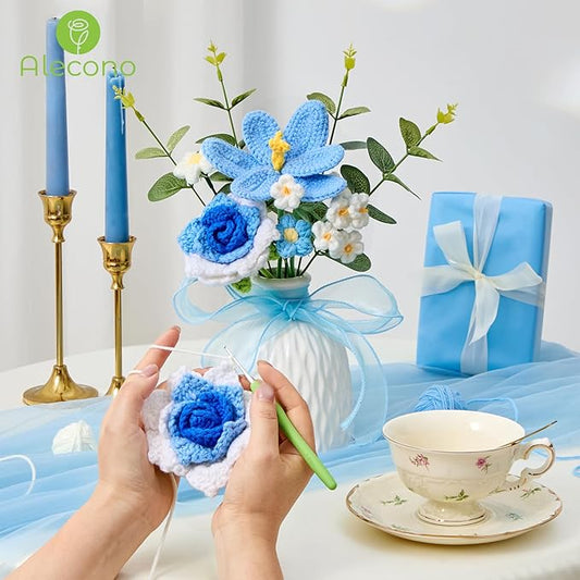 Alecono Crochet Flower Bouquet, Knitted Flowers, Blue Handmade Bouquet of Flowers for Lover Anniversary Birthday Party Mother's Day Graduation Gifts (Include Card)