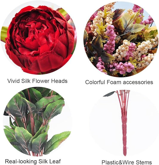 2pcs Artificial Peony Bouquets,19 Inch Silk Peony Bunch with 7 Faux Flowers,Classical Style Artificial Flowers with Leaves and Ornaments for Wedding,Home Décor Centerpieces(Red)