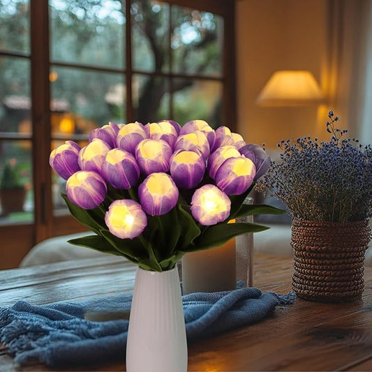 LED Lighted Artificial Tulips, Tulip Lamp, Real Touch Tulip Flowers, 15 Inch Faux Tulip Bouquet with Battery Operated Lights for Gifts, Home Kitchedn Wedding Decor(Purple)