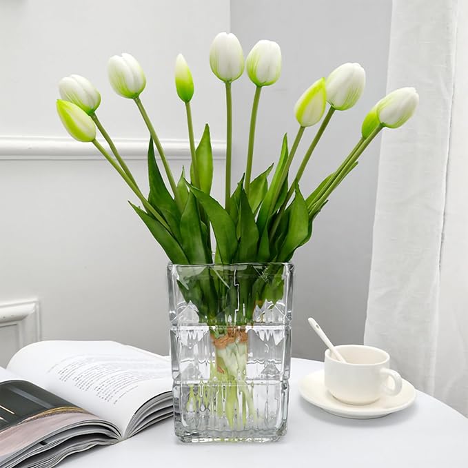 10PCS White Fake Tulips Artificial Flowers Real Touch Latex Faux Tulips UV Resistant Fake Flowers Bouquet for Table Home Decor Party Wedding Garden Decoration